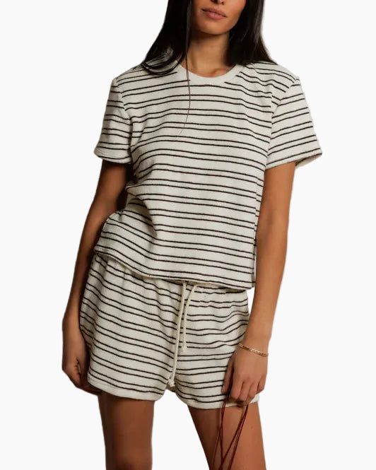 EVE STRIPE LOOP TERRY CREW NECK TEE - NATURAL/CHOCOLATE