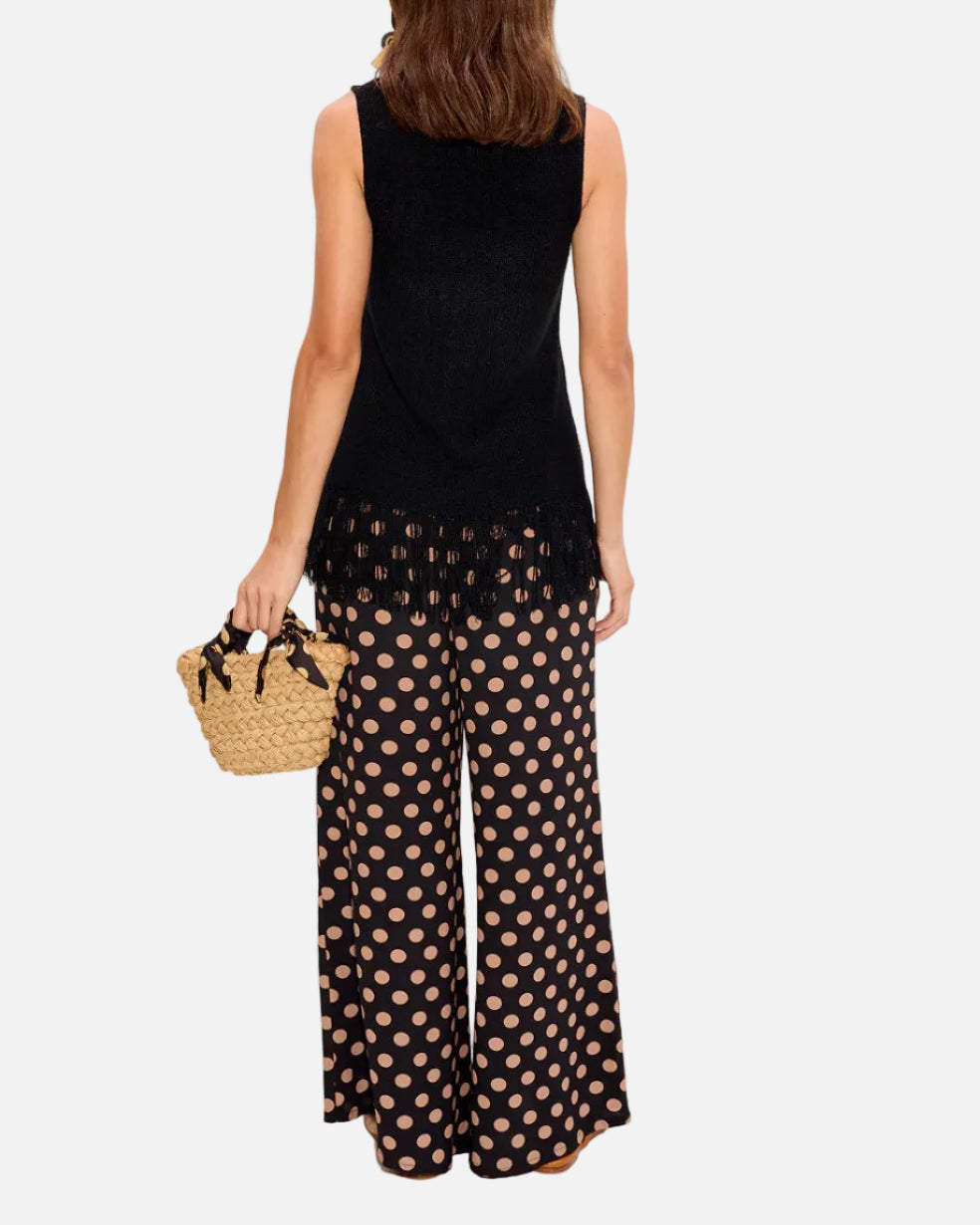 NELLA CREPE WIDE LEG PANT - BLACK/TAN POLKA DOT