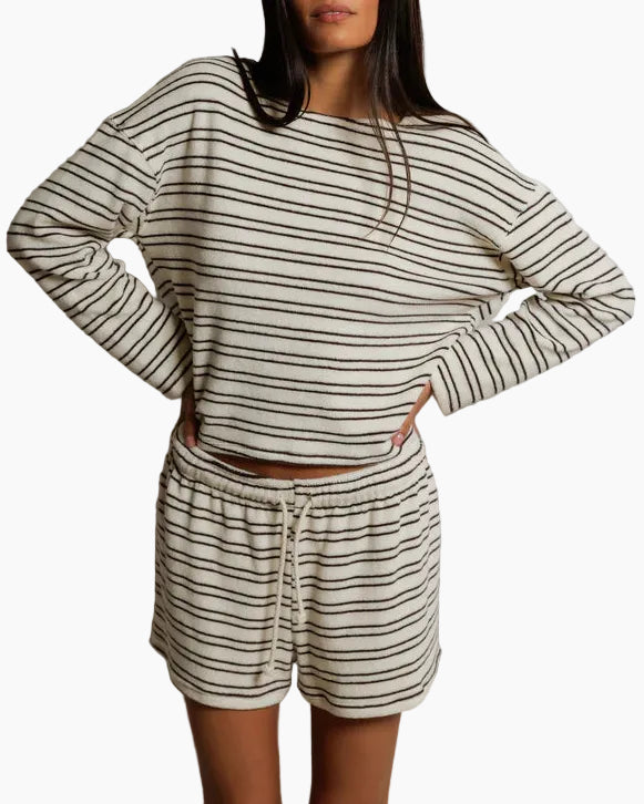 KERI STRIPE LOOP TERRY LONG SLEEVE - NATURAL/CHOCOLATE
